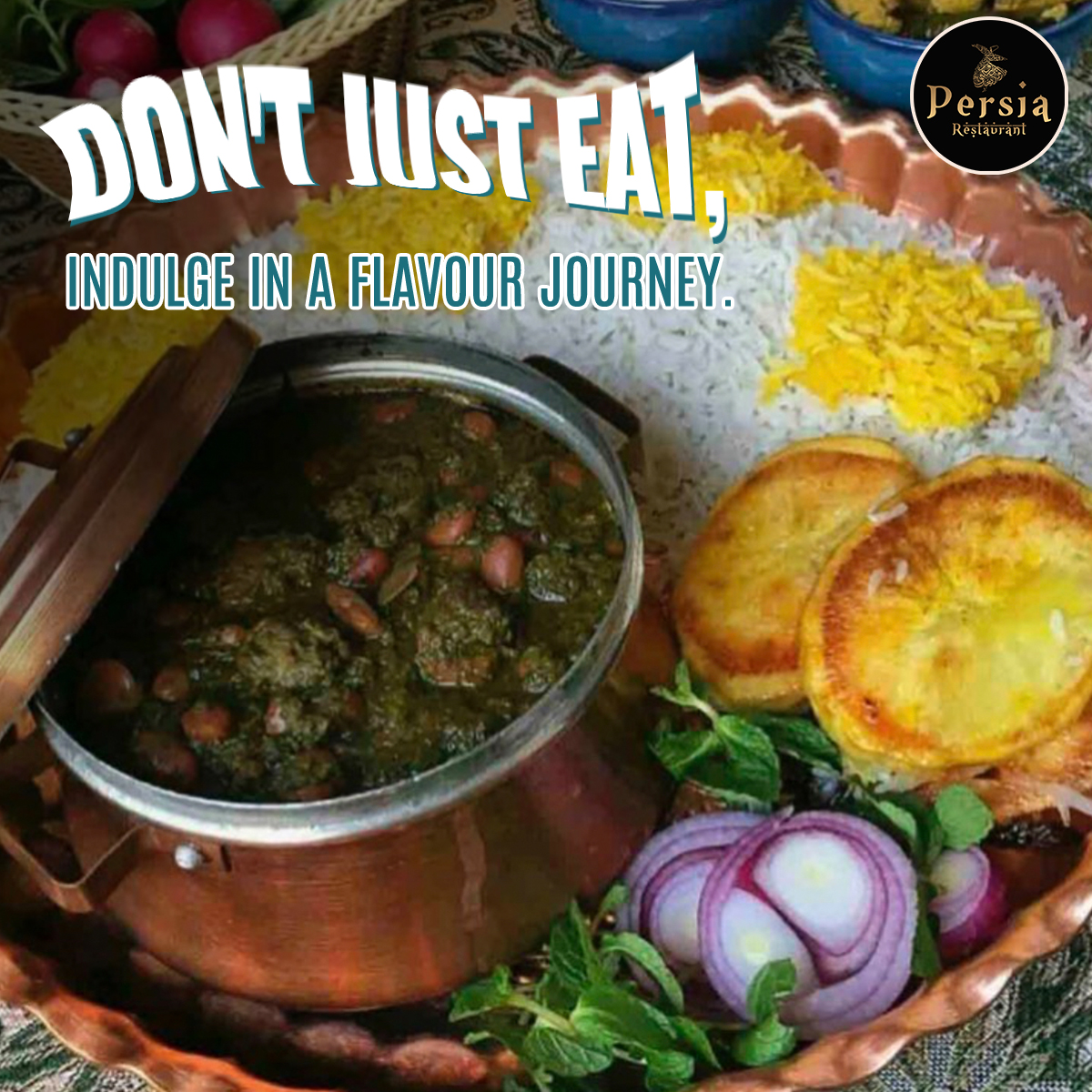 Persian Ghormeh Sabzi stew served with saffron rice, tahdig, salad, and pickled vegetables.